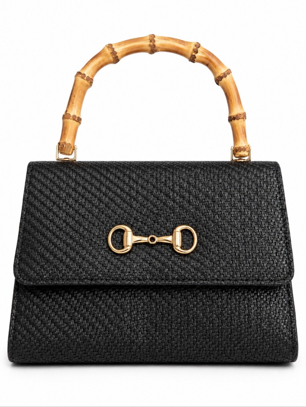 Portofino Black Woven Top-Handle Bag W Bamboo Handle and Gold Horse Bit Hardware